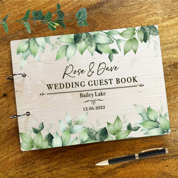 Wood Watercolour Green Leaves Message Notes Keepsake Wedding Guest Book