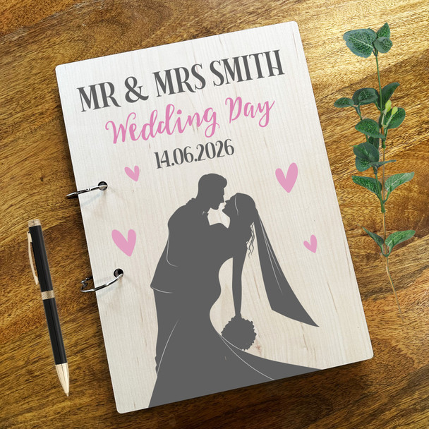 Wood Couple Kiss Grey Pink Message Notes Keepsake Wedding Guest Book
