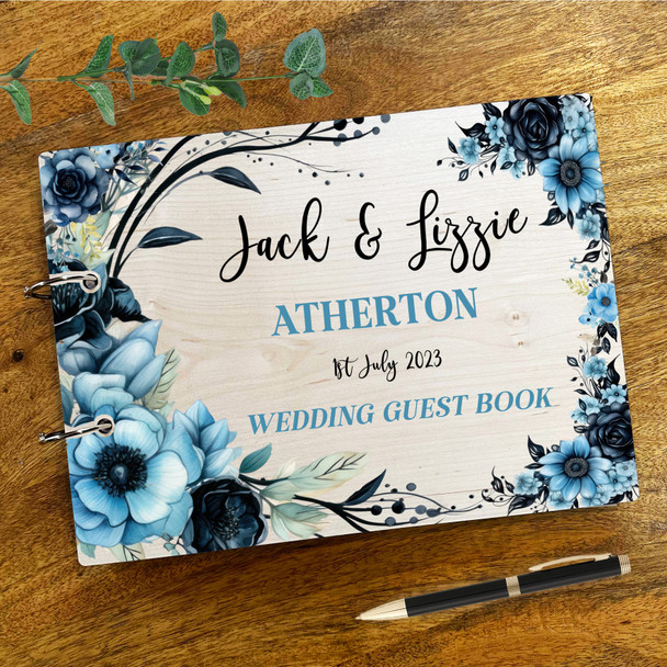 Wood Blue & Black Flowers Message Notes Keepsake Wedding Guest Book