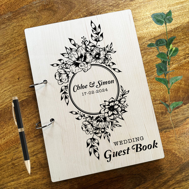 Wood Vintage Round Floral Message Notes Keepsake Wedding Guest Book
