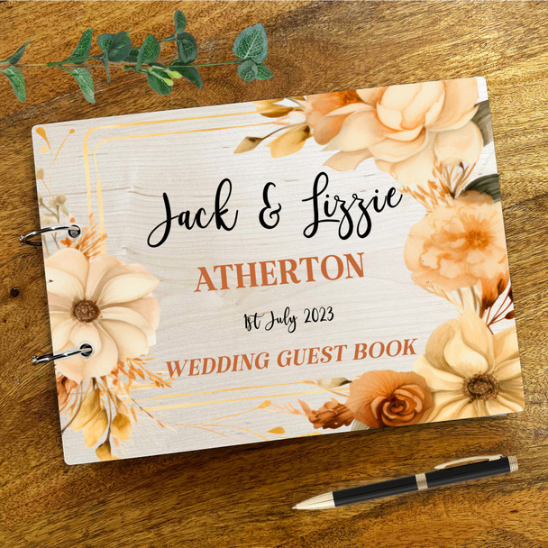 Wood Autumn Cream Floral Message Notes Keepsake Wedding Guest Book