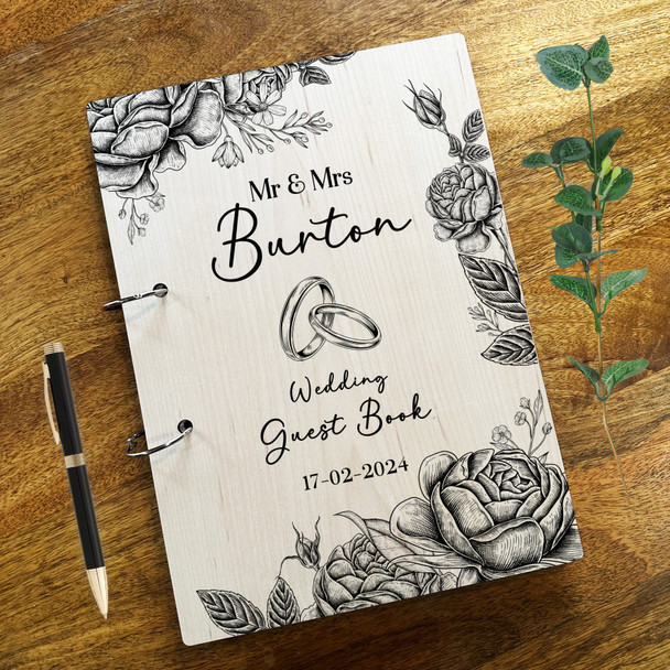 Wood Black Floral Rings Message Notes Keepsake Wedding Guest Book