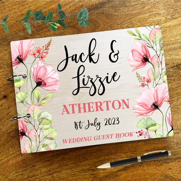 Wood Pink Poppy Flowers Message Notes Keepsake Wedding Guest Book