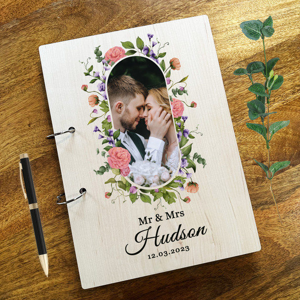 Wood Floral Photo Message Notes Keepsake Wedding Guest Book