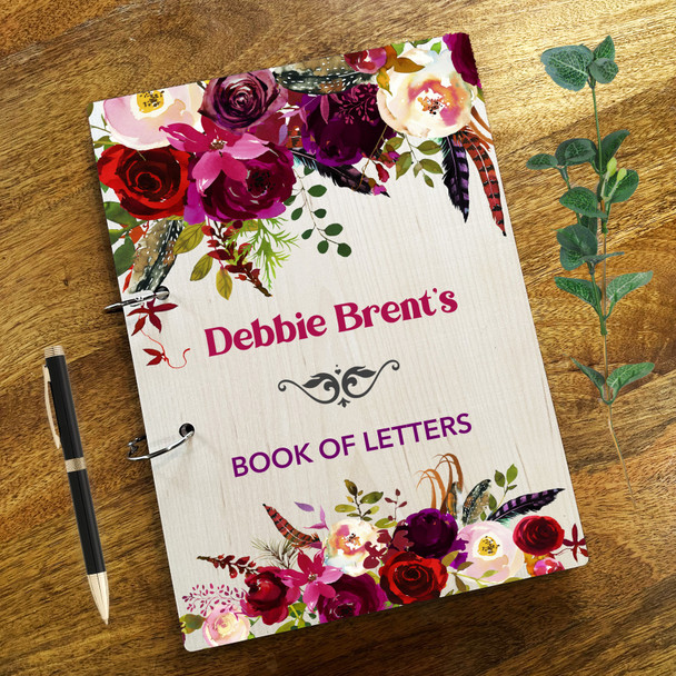 Wood Deep Red Purple Pink Floral Pen Pal Letter Keepsake Book