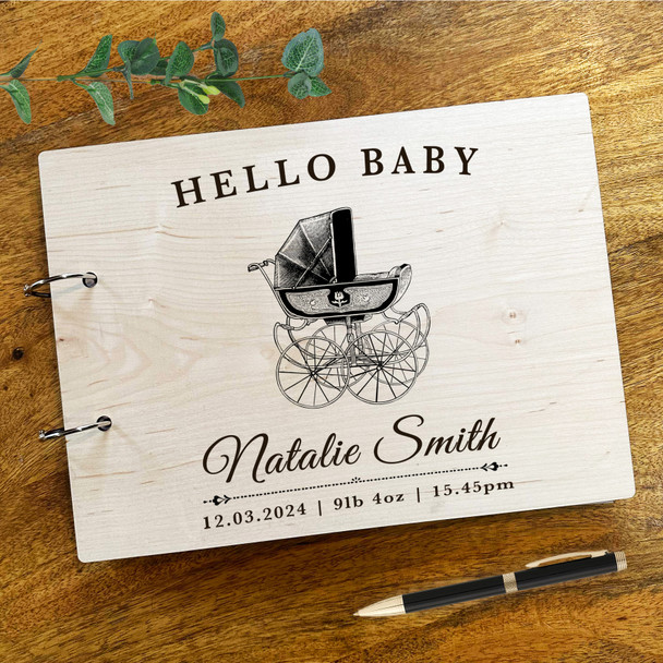 Wood Vintage Baby Pram Cute Photo Album Memories New Baby Keepsake Book