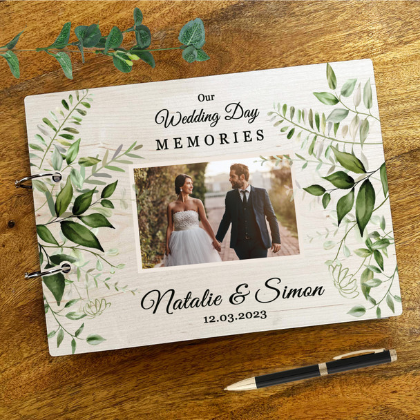 Wood Watercolour Green Leaves Photo Album Wedding Day Memories Keepsake Book