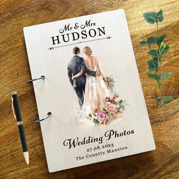 Wood Watercolour Bride Groom Photo Album Wedding Day Memories Keepsake Book