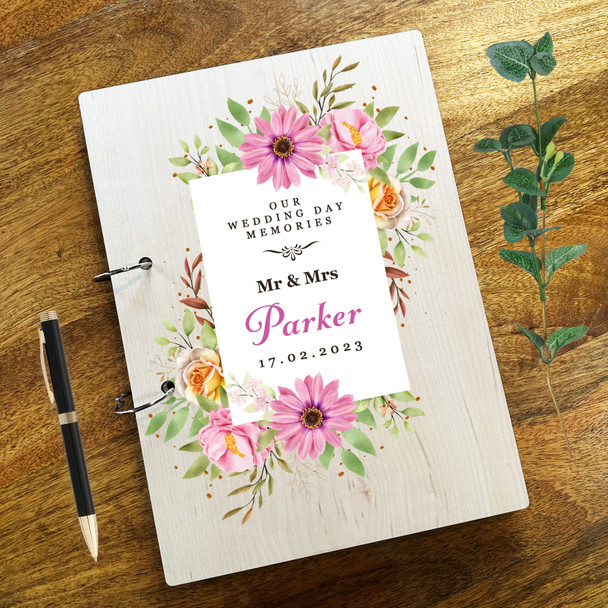 Wood Watercolour Pink Floral Photo Album Wedding Day Memories Keepsake Book