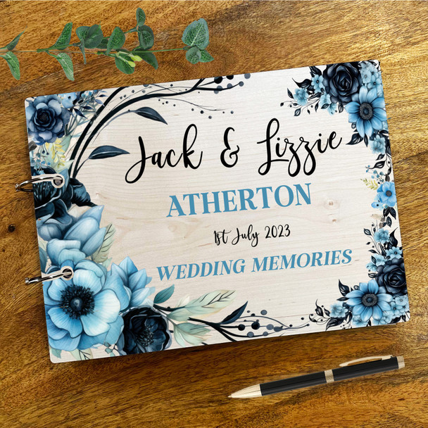 Wood Blue & Black Flowers Photo Album Wedding Day Memories Keepsake Book