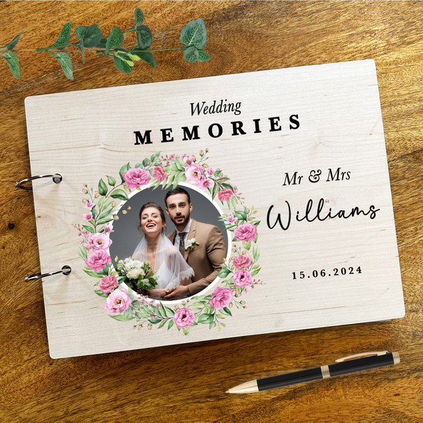 Wood Pink Floral Wreath Photo Album Wedding Day Memories Keepsake Book