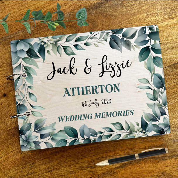 Wood Green Leaves Teal Photo Album Wedding Day Memories Keepsake Book