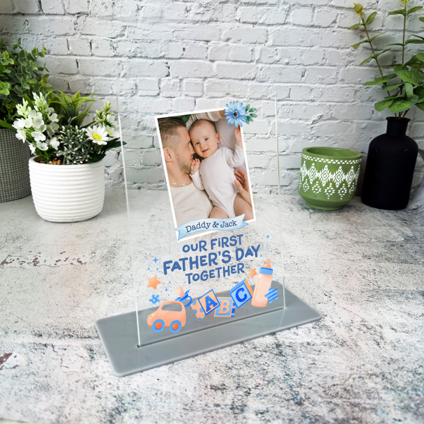 1st Fathers Day Gift Watercolour Baby Blue Elements Personalised Acrylic Plaque