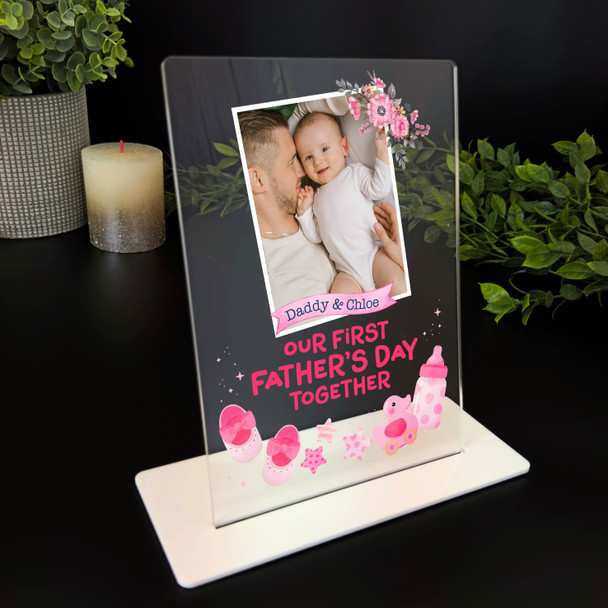 1st Fathers Day Gift Watercolour Baby Pink Elements Personalised Acrylic Plaque
