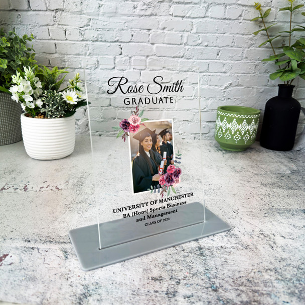 Graduation Gift Watercolour Floral Photo Personalised Acrylic Plaque