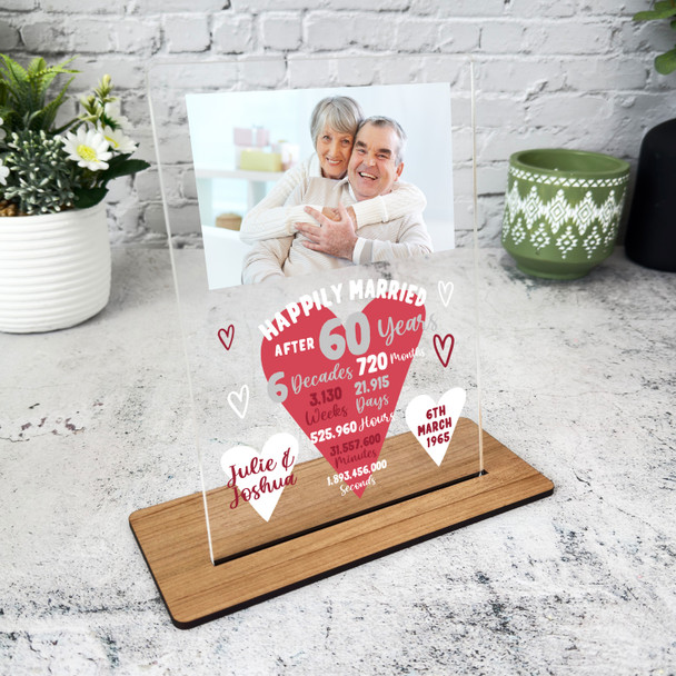 60 Years 60th Wedding Anniversary Gift Heart Photo Personalised Acrylic Plaque