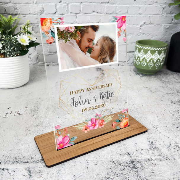 Happy Wedding Anniversary Gift Pink Flower Photo Personalised Acrylic Plaque