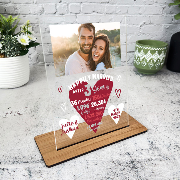 3 Years 3rd Wedding Anniversary Gift Heart Photo Personalised Acrylic Plaque