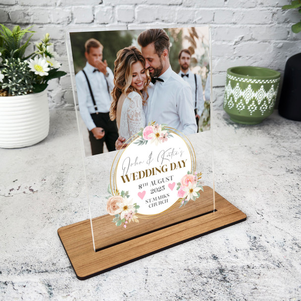 Wedding Day Gift Pink Flower Circle Photo Personalised Acrylic Plaque