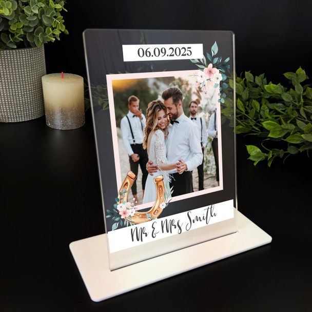 Wedding Day Gift Pink Photo Horseshoe Personalised Acrylic Plaque