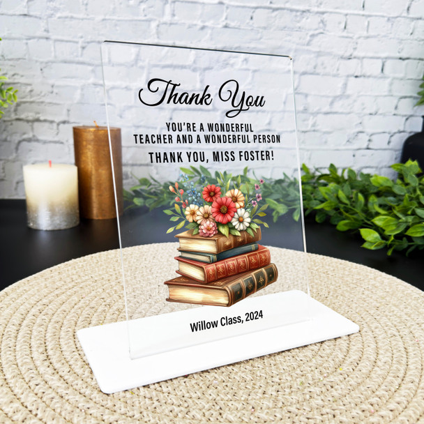 Thank You Gift Teacher Floral Vintage Books Personalised Acrylic Plaque