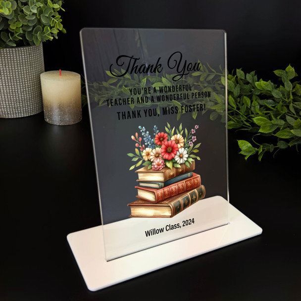 Thank You Gift Teacher Floral Vintage Books Personalised Acrylic Plaque