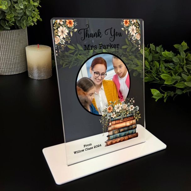 Thank You Teacher Gift Floral Books Photo Personalised Acrylic Plaque