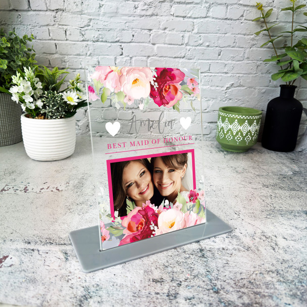 Best Maid Of Honour Gift Wedding Pink Flower Photo Personalised Acrylic Plaque