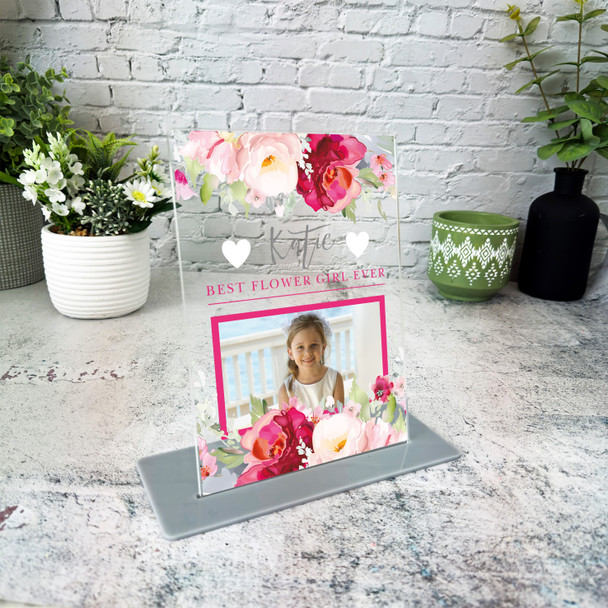 Best Flower Girl Gift Wedding Pink Flower Photo Personalised Acrylic Plaque