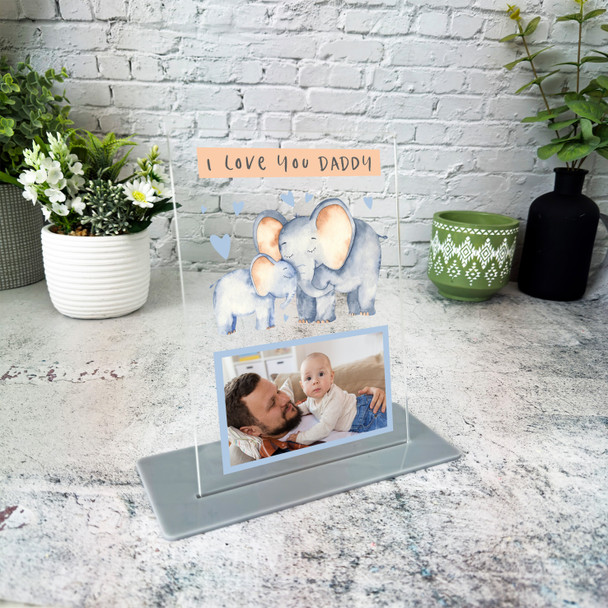 I Love You Gift For Daddy Baby Elephant Blue Photo Personalised Acrylic Plaque