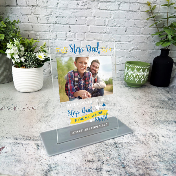 Gift For Step Dad To Me You Are The World Photo Personalised Acrylic Plaque