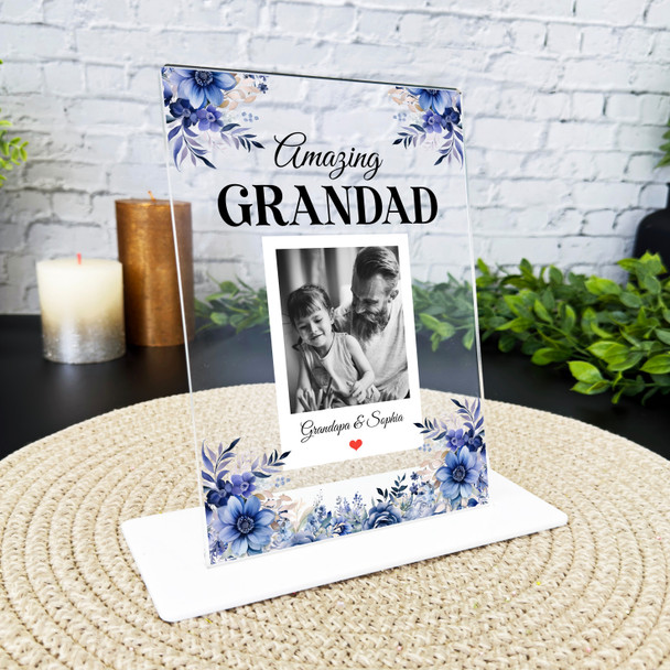 Grandfather Gift For Grandad Blue Floral Photo Personalised Acrylic Plaque