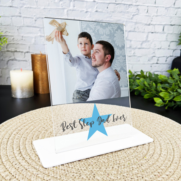 Gift For Best Step Dad Ever Blue Star Photo Personalised Acrylic Plaque