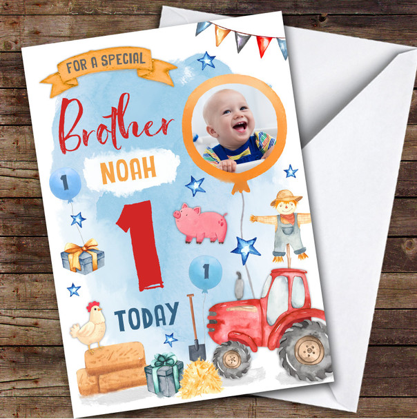 Animal Farm Tractor Photo Brother 1st Boys Custom Personalised Birthday Card