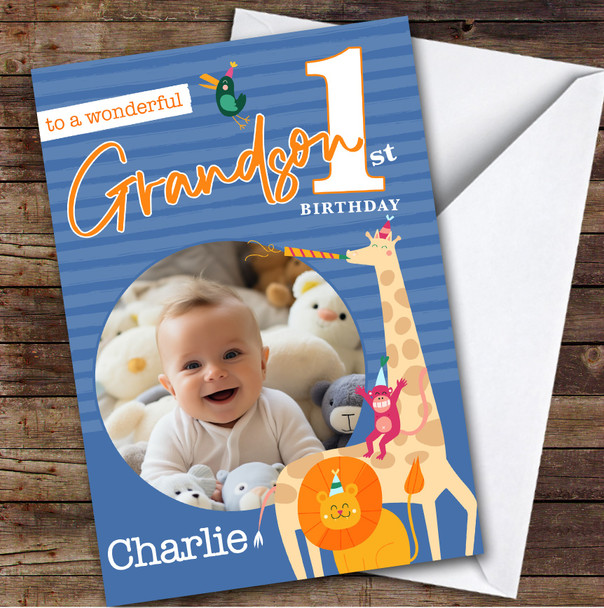 Grandson 1st Blue Party Safari Animals Photo Boys Personalised Birthday Card