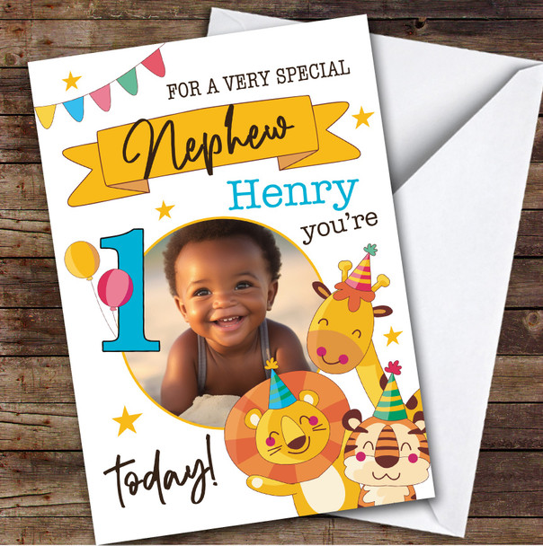 Nephew 1st Safari Party Animals Photo Boys Custom Personalised Birthday Card