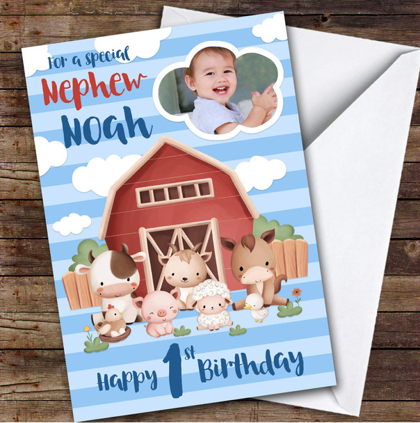 Animal Farm Blue Photo Nephew 1st Boys Custom Personalised Birthday Card