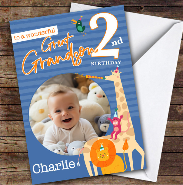Great Grandson 2nd Blue Safari Animals Photo Boys Personalised Birthday Card Great Grandson 2nd Blue Safari Animals Photo Boys Personalised Birthday Card