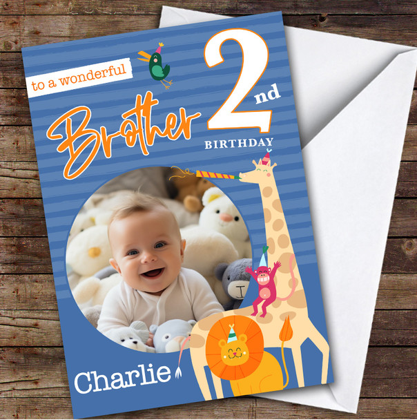 Brother 2nd Blue Party Safari Animals Photo Boys Personalised Birthday Card