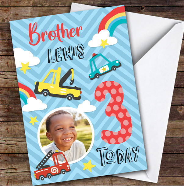 Car Fire truck Police Digger Photo Brother 3rd Boys Personalised Birthday Card