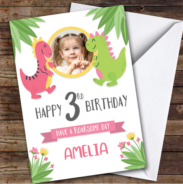 Dinosaur Pink Photo 3rd Custom Personalised Birthday Card