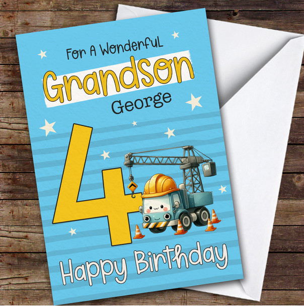 Grandson 4th Construction Crane Transport Boys Custom Personalised Birthday Card