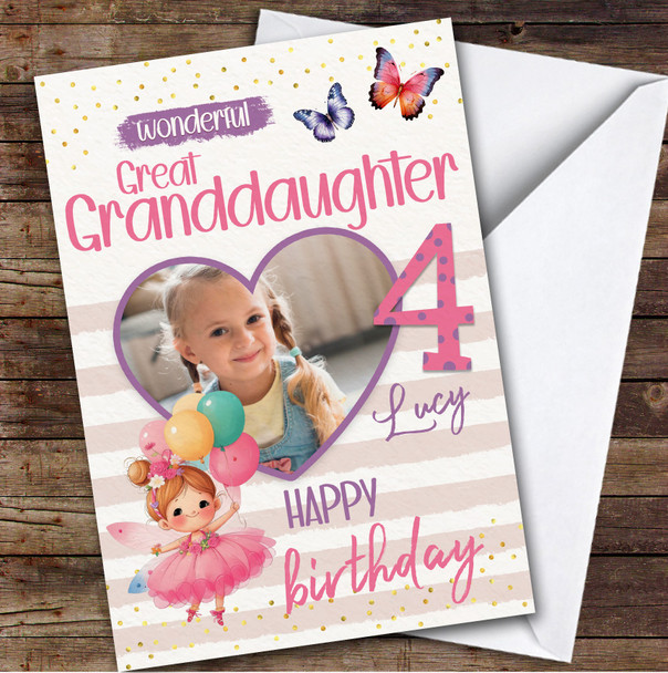 Great Granddaughter 4th Fairy Balloons Heart Photo Personalised Birthday Card
