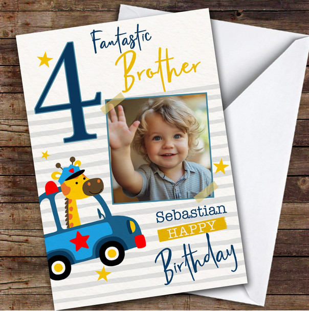 Brother 4th Animal Police Car Photo Boys Custom Personalised Birthday Card
