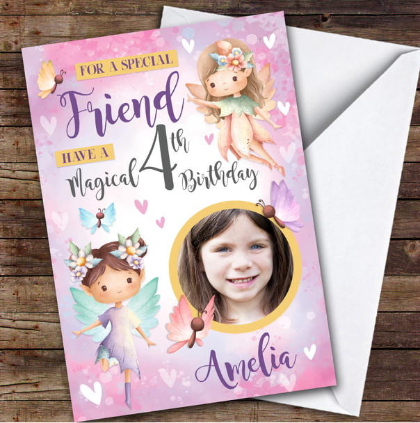 Fairy Girls Pink Purple Photo Friend 4th Custom Personalised Birthday Card
