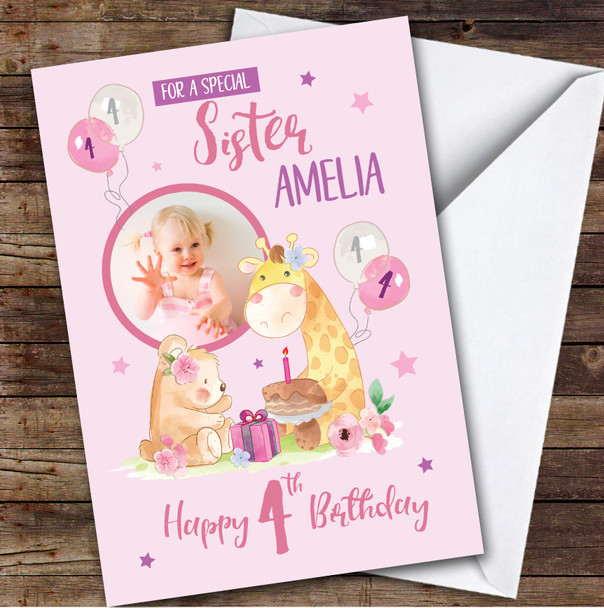 Bear Giraffe Pink Cake Photo Sister 4th Custom Personalised Birthday Card