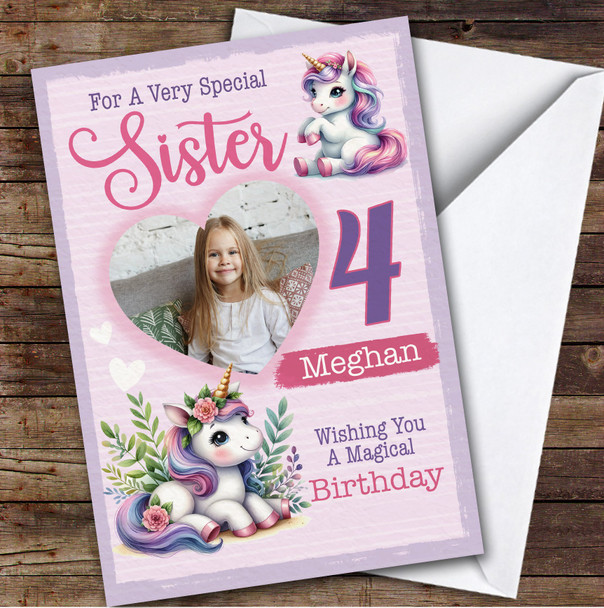 4th Sister Floral Unicorns Heart Photo Custom Personalised Birthday Card