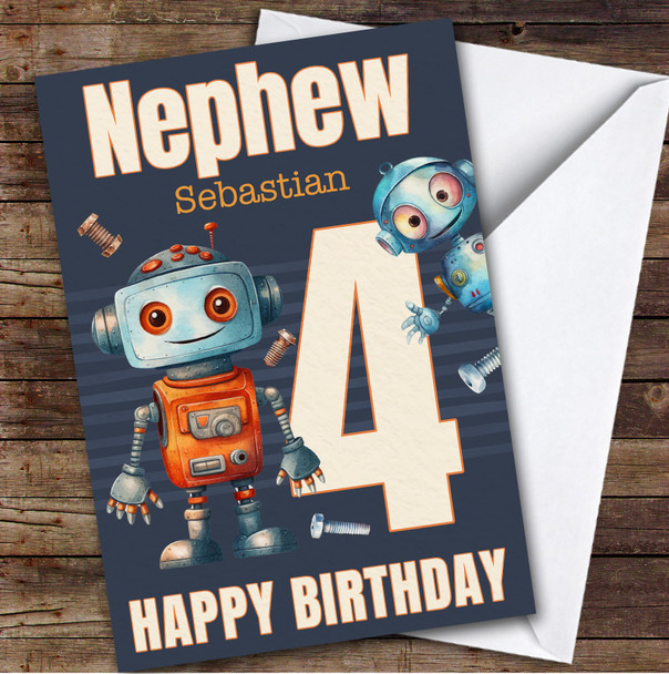 Nephew 4th Watercolour Robots Boys Custom Personalised Birthday Card