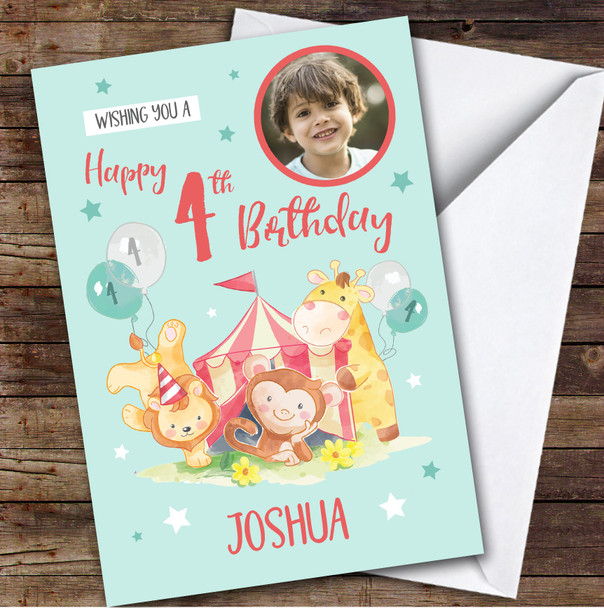 Circus Animals Blue Boy Photo 4th Custom Personalised Birthday Card