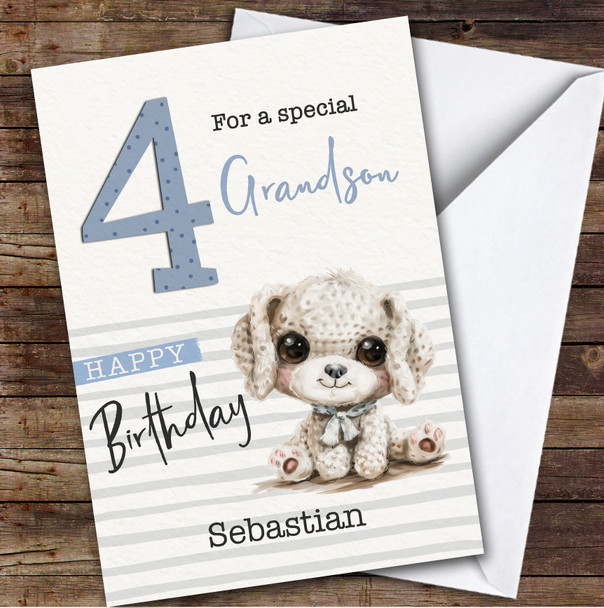 Grandson 4th Baby Dog Puppy Boys Custom Personalised Birthday Card